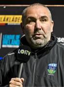 27 October 2023; UCD manager Andy Myler is interviewed for LOITV before the SSE Airtricity Men's Premier Division match between Shelbourne and UCD at Tolka Park in Dublin. Photo by Tyler Miller/Sportsfile