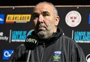 27 October 2023; UCD manager Andy Myler is interviewed for LOITV before the SSE Airtricity Men's Premier Division match between Shelbourne and UCD at Tolka Park in Dublin. Photo by Tyler Miller/Sportsfile