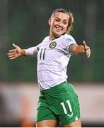 27 October 2023; Katie McCabe of Republic of Ireland celebrates after scoring her side's fifth goal during the UEFA Women's Nations League B match between Republic of Ireland and Albania at Tallaght Stadium in Dublin. Photo by Stephen McCarthy/Sportsfile