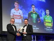 27 October 2023; Danny Cullen of Donegal receives his 2023 Ring, Rackard, and Meagher Team of the Year award from Uachtarán Chumann Lúthchleas Gael Larry McCarthy during the GAA Champion 15 Awards Croke Park in Dublin. Photo by Matt Browne/Sportsfile