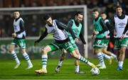 27 October 2023; Shamrock Rovers players Neil Farrugia, left, and Richie Towell before the SSE Airtricity Men's Premier Division match between St Patrick's Athletic and Shamrock Rovers at Richmond Park in Dublin. Photo by Seb Daly/Sportsfile