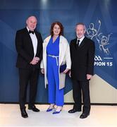 27 October 2023; Peter and Aishling McConnon with former GAA president Seán Kelly upon arrival at the GAA Champion 15 Awards at Croke Park in Dublin. Photo by Matt Browne/Sportsfile