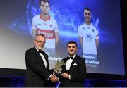 27 October 2023; Niall Garland of Monaghan receives his 2023 Ring, Rackard, and Meagher Team of the Year award from Uachtarán Chumann Lúthchleas Gael Larry McCarthy during the GAA Champion 15 Awards Croke Park in Dublin. Photo by Matt Browne/Sportsfile