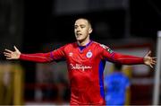27 October 2023; Jack Moylan of Shelbourne celebrates after scoring his side's first goal, a penalty, during the SSE Airtricity Men's Premier Division match between Shelbourne and UCD at Tolka Park in Dublin. Photo by Tyler Miller/Sportsfile
