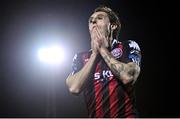 27 October 2023; Dylan Connolly of Bohemians reacts after a missed opportunity on goal during the SSE Airtricity Men's Premier Division match between Dundalk and Bohemians at Oriel Park in Dundalk, Louth. Photo by Ben McShane/Sportsfile
