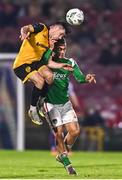 27 October 2023; Adam O'Reilly of Derry City in action against Ben Worman of Cork City during the SSE Airtricity Men's Premier Division match between Cork City and Derry City at Turner's Cross in Cork. Photo by Eóin Noonan/Sportsfile