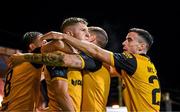 27 October 2023; Ronan Boyce of Derry City, centre, celebrates with team-mates after scoring his side's first goal during the SSE Airtricity Men's Premier Division match between Cork City and Derry City at Turner's Cross in Cork. Photo by Eóin Noonan/Sportsfile