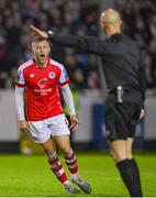 27 October 2023; Jamie Lennon of St Patrick's Athletic reacts to a decision by referee Neil Doyle during the SSE Airtricity Men's Premier Division match between St Patrick's Athletic and Shamrock Rovers at Richmond Park in Dublin. Photo by Seb Daly/Sportsfile