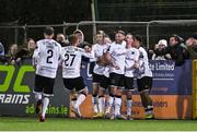27 October 2023; Dundalk players celebrate their first goal, scored by Paul Doyle, second from right, during the SSE Airtricity Men's Premier Division match between Dundalk and Bohemians at Oriel Park in Dundalk, Louth. Photo by Ben McShane/Sportsfile
