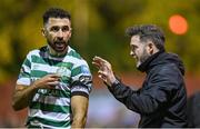 27 October 2023; Shamrock Rovers manager Stephen Bradley, right, and captain Roberto Lopes during the SSE Airtricity Men's Premier Division match between St Patrick's Athletic and Shamrock Rovers at Richmond Park in Dublin. Photo by Seb Daly/Sportsfile