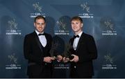 27 October 2023; Padraig Faulkner of Cavan, left, and Ross Dunphy of Carlow with their 2023 Tailteann Cup Team of the Year awards during the GAA Champion 15 Awards Croke Park in Dublin. Photo by Matt Browne/Sportsfile