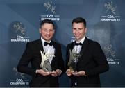 27 October 2023; Donegal hurlers Danny Cullen, left, and Luke White with their Ring, Rackard, and Meagher Team of the Year awards during the GAA Champion 15 Awards Croke Park in Dublin. Photo by Matt Browne/Sportsfile