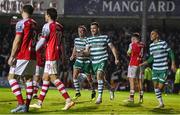 27 October 2023; Aaron Greene of Shamrock Rovers celebrates with teammates after scoring their side's first goal during the SSE Airtricity Men's Premier Division match between St Patrick's Athletic and Shamrock Rovers at Richmond Park in Dublin. Photo by Stephen McCarthy/Sportsfile