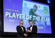 27 October 2023; Jack Regan of Meath receives his 2023 Christy Ring Player of the Year award from Uachtarán Chumann Lúthchleas Gael Larry McCarthy during the GAA Champion 15 Awards Croke Park in Dublin. Photo by Matt Browne/Sportsfile