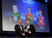 27 October 2023; Ross Dunphy of Carlow receives his 2023 Tailteann Cup Team of the Year award from Uachtarán Chumann Lúthchleas Gael Larry McCarthy during the GAA Champion 15 Awards Croke Park in Dublin. Photo by Matt Browne/Sportsfile