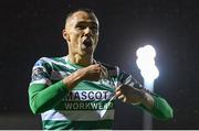 27 October 2023; Graham Burke of Shamrock Rovers celebrates his side's first goal, scored by Aaron Greene, during the SSE Airtricity Men's Premier Division match between St Patrick's Athletic and Shamrock Rovers at Richmond Park in Dublin. Photo by Stephen McCarthy/Sportsfile