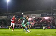 27 October 2023; Graham Burke of Shamrock Rovers shoots to score his side's second goal during the SSE Airtricity Men's Premier Division match between St Patrick's Athletic and Shamrock Rovers at Richmond Park in Dublin. Photo by Stephen McCarthy/Sportsfile