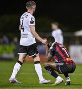 27 October 2023; James Akintunde of Bohemians reacts at the final whistle of the SSE Airtricity Men's Premier Division match between Dundalk and Bohemians at Oriel Park in Dundalk, Louth. Photo by Ben McShane/Sportsfile