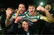 27 October 2023; Lee Grace, left, and Johnny Kenny of Shamrock Rovers celebrate after the SSE Airtricity Men's Premier Division match between St Patrick's Athletic and Shamrock Rovers at Richmond Park in Dublin. Photo by Stephen McCarthy/Sportsfile