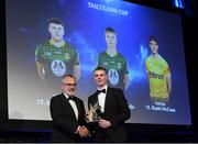27 October 2023; Mathew Costello of Meath receives his 2023 Tailteann Cup Team of the Year award from Uachtarán Chumann Lúthchleas Gael Larry McCarthy during the GAA Champion 15 Awards Croke Park in Dublin. Photo by Matt Browne/Sportsfile