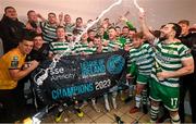 27 October 2023; The Shamrock Rovers team celebrate winning the SSE Airtricity Men's Premier Division title following the SSE Airtricity Men's Premier Division match between St Patrick's Athletic and Shamrock Rovers at Richmond Park in Dublin. Photo by Stephen McCarthy/Sportsfile