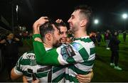 27 October 2023; Richie Towell, left, Gary O'Neill, centre, and Neil Farrugia of Shamrock Rovers celebrate after the SSE Airtricity Men's Premier Division match between St Patrick's Athletic and Shamrock Rovers at Richmond Park in Dublin. Photo by Stephen McCarthy/Sportsfile