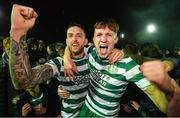 27 October 2023; Lee Grace, left, and Johnny Kenny of Shamrock Rovers celebrate after the SSE Airtricity Men's Premier Division match between St Patrick's Athletic and Shamrock Rovers at Richmond Park in Dublin. Photo by Stephen McCarthy/Sportsfile
