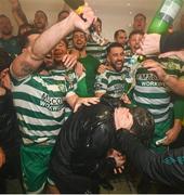 27 October 2023; Richie Towell of Shamrock Rovers pours champagne on manager Stephen Bradley celebrates winning the SSE Airtricity Men's Premier Division title following the SSE Airtricity Men's Premier Division match between St Patrick's Athletic and Shamrock Rovers at Richmond Park in Dublin. Photo by Stephen McCarthy/Sportsfile