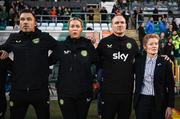 27 October 2023; Republic of Ireland interim head coach Eileen Gleeson, right, with coaches, from left, Richie Fitzgibbon, Emma Byrne and Colin Healy before the UEFA Women's Nations League B match between Republic of Ireland and Albania at Tallaght Stadium in Dublin. Photo by Stephen McCarthy/Sportsfile