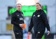 27 October 2023; Republic of Ireland interim assistant coach Colin Healy and interim assistant coach Emma Byrne before the UEFA Women's Nations League B match between Republic of Ireland and Albania at Tallaght Stadium in Dublin. Photo by Stephen McCarthy/Sportsfile