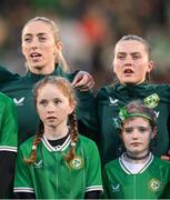 27 October 2023; Megan Connolly, left, and Tyler Toland of Republic of Ireland before the UEFA Women's Nations League B match between Republic of Ireland and Albania at Tallaght Stadium in Dublin. Photo by Stephen McCarthy/Sportsfile