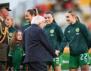 27 October 2023; President of Ireland Michael D Higgins meets Izzy Atkinson of Republic of Ireland before the UEFA Women's Nations League B match between Republic of Ireland and Albania at Tallaght Stadium in Dublin. Photo by Stephen McCarthy/Sportsfile