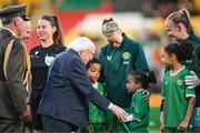 27 October 2023; President of Ireland Michael D Higgins meets Diane Caldwell of Republic of Ireland, with her nephew Hakeem Abdou Bacar, and niece Farrah Abdou Bacar, before the UEFA Women's Nations League B match between Republic of Ireland and Albania at Tallaght Stadium in Dublin. Photo by Stephen McCarthy/Sportsfile