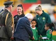 27 October 2023; President of Ireland Michael D Higgins meets Diane Caldwell of Republic of Ireland, with her nephew Hakeem Abdou Bacar, and niece Farrah Abdou Bacar, before the UEFA Women's Nations League B match between Republic of Ireland and Albania at Tallaght Stadium in Dublin. Photo by Stephen McCarthy/Sportsfile