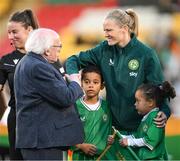 27 October 2023; President of Ireland Michael D Higgins meets Diane Caldwell of Republic of Ireland, with her nephew Hakeem Abdou Bacar, and niece Farrah Abdou Bacar, before the UEFA Women's Nations League B match between Republic of Ireland and Albania at Tallaght Stadium in Dublin. Photo by Stephen McCarthy/Sportsfile