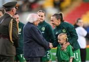 27 October 2023; President of Ireland Michael D Higgins meets Katie McCabe of Republic of Ireland with her niece Callie Stanley before the UEFA Women's Nations League B match between Republic of Ireland and Albania at Tallaght Stadium in Dublin. Photo by Stephen McCarthy/Sportsfile