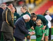 27 October 2023; President of Ireland Michael D Higgins meets Katie McCabe of Republic of Ireland with her niece Callie Stanley before the UEFA Women's Nations League B match between Republic of Ireland and Albania at Tallaght Stadium in Dublin. Photo by Stephen McCarthy/Sportsfile