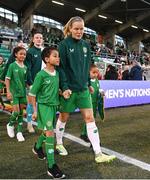 27 October 2023; Diane Caldwell of Republic of Ireland, with her nephew Hakeem Abdou Bacar, and niece Farrah Abdou Bacar, before the UEFA Women's Nations League B match between Republic of Ireland and Albania at Tallaght Stadium in Dublin. Photo by Stephen McCarthy/Sportsfile