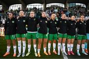 27 October 2023; Republic of Ireland players, from left, Jamie Finn, Hayley Nolan, Claire O'Riordan, Saoirse Noonan, Lily Agg, Erin McLaughlin, Emily Whelan and Chloe Mustaki stand for the playing of the National Anthem before the UEFA Women's Nations League B match between Republic of Ireland and Albania at Tallaght Stadium in Dublin. Photo by Stephen McCarthy/Sportsfile