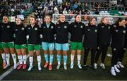 27 October 2023; Republic of Ireland players, from left, Erin McLaughlin, Emily Whelan, Chloe Mustaki, Sophie Whitehouse, Grace Moloney, Megan Campbell, Sinead Farrelly, Amber Barrett and Lucy Quinn stand for the playing of the National Anthem before the UEFA Women's Nations League B match between Republic of Ireland and Albania at Tallaght Stadium in Dublin. Photo by Stephen McCarthy/Sportsfile