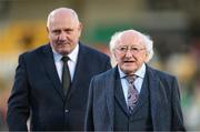 27 October 2023; President of Ireland Michael D Higgins and FAI president Gerry McAnaney, left, before the UEFA Women's Nations League B match between Republic of Ireland and Albania at Tallaght Stadium in Dublin. Photo by Stephen McCarthy/Sportsfile