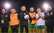 27 October 2023; Republic of Ireland players and staff, from left, equipment officer Helen Noonan, performance coach Ivi Casagrande, masseuse Hannah Tobin Jones, Saoirse Noonan, Chloe Mustaki and Amber Barrett after the UEFA Women's Nations League B match between Republic of Ireland and Albania at Tallaght Stadium in Dublin. Photo by Stephen McCarthy/Sportsfile
