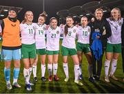 27 October 2023; Republic of Ireland players, from left, Grace Moloney, Katie McCabe, Sinead Farrelly, Emily Whelan, Tyler Toland, Denise O'Sullivan, interim assistant coach Emma Byrne and Louise Quinn after the UEFA Women's Nations League B match between Republic of Ireland and Albania at Tallaght Stadium in Dublin. Photo by Stephen McCarthy/Sportsfile