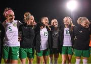 27 October 2023; Republic of Ireland players, from left, Caitlin Hayes, Claire O'Riordan, Abbie Larkin, Izzy Atkinson, Kyra Carusa and Diane Caldwell after the UEFA Women's Nations League B match between Republic of Ireland and Albania at Tallaght Stadium in Dublin. Photo by Stephen McCarthy/Sportsfile