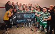 27 October 2023; Shamrock Rovers players celebrate winning the SSE Airtricity Men's Premier Division title following the SSE Airtricity Men's Premier Division match between St Patrick's Athletic and Shamrock Rovers at Richmond Park in Dublin. Photo by Stephen McCarthy/Sportsfile