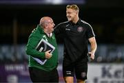 27 October 2023; Bohemians goalkeeper James Talbot, right, with match delegate and former Republic of Ireland kitman Dick Redmond before the SSE Airtricity Men's Premier Division match between Dundalk and Bohemians at Oriel Park in Dundalk, Louth. Photo by Ben McShane/Sportsfile