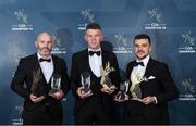 27 October 2023; Winners, from left, Andy O'Brien of Wicklow with his 2023 Nickey Rackard Cup Player of the Year, Jack Regan of Meath with his 2023 Christy Ring Player of the Year and Niall Garland of Monaghan with his 2023 Lory Meagher Cup Player of the Year award at the GAA Champion 15 Awards Croke Park in Dublin. Photo by Matt Browne/Sportsfile