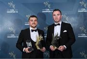 27 October 2023; Monaghan hurlers, Niall Garland, 2023 Lory Meagher Cup Player of the Year and Niall Arthur with their 2023 Ring, Rackard, and Meagher Team of the Year awards at the GAA Champion 15 Awards Croke Park in Dublin. Photo by Matt Browne/Sportsfile