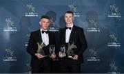 27 October 2023; Jack Regan of Meath, left, with his 2023 Christy Ring Player of the Year award and 2023 Ring, Rackard, and Meagher Team of the Year award, alongside Mathew Costello of Meath 2023 Tailteann Player of the Year award and 2023 Tailteann Team of the Year Award during the GAA Champion 15 Awards Croke Park in Dublin. Photo by Matt Browne/Sportsfile