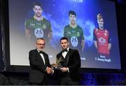 27 October 2023; Donal Keogan of Meath receives his 2023 Tailteann Cup Team of the Year award from Uachtarán Chumann Lúthchleas Gael Larry McCarthy during the GAA Champion 15 Awards Croke Park in Dublin. Photo by Matt Browne/Sportsfile